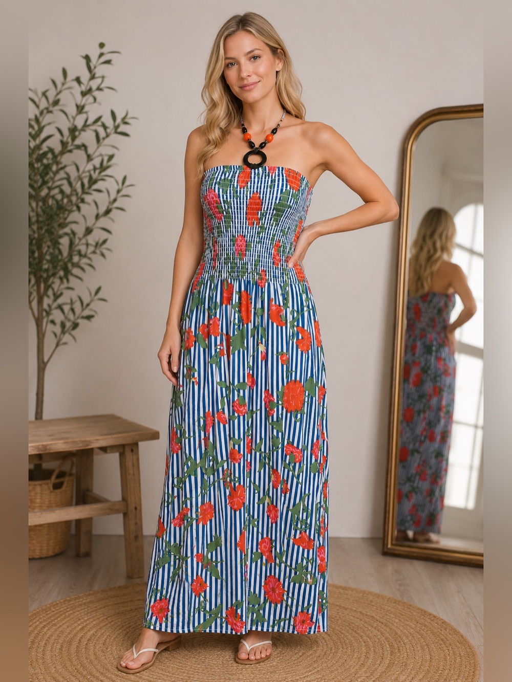 Magic Navy & White Striped Maxi Dress with Red Floral Print